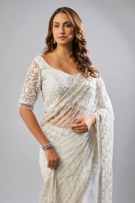Shop_Fatiz_White Organza, Tulle Beads, Cut Work Sweetheart Embroidered Saree With Blouse _Online_at_Aza_Fashions