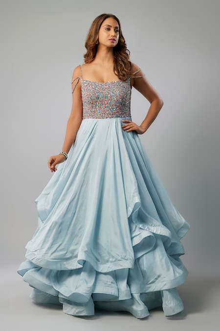 FATIZ Blue Silk Crystals, Stones Scoop Neck Bead Embroidered Layered Gown Online at Aza Fashions FATIZ_Blue Silk Crystals, Stones Scoop Neck Bead Embroidered Layered Gown _Online_at_Aza_Fashions