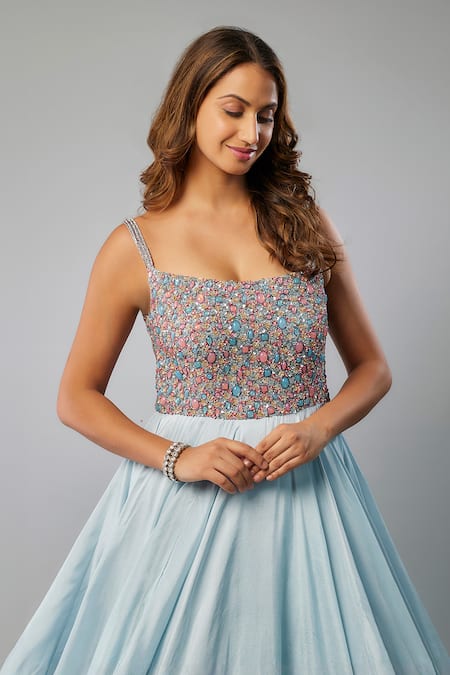 Buy FATIZ Blue Silk Crystals, Stones Scoop Neck Bead Embroidered Layered Gown Online at Aza Fashions Buy_FATIZ_Blue Silk Crystals, Stones Scoop Neck Bead Embroidered Layered Gown _Online_at_Aza_Fashions