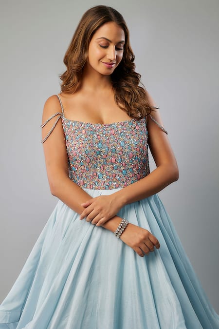 Shop FATIZ Blue Silk Crystals, Stones Scoop Neck Bead Embroidered Layered Gown Online at Aza Fashions Shop_FATIZ_Blue Silk Crystals, Stones Scoop Neck Bead Embroidered Layered Gown _Online_at_Aza_Fashions