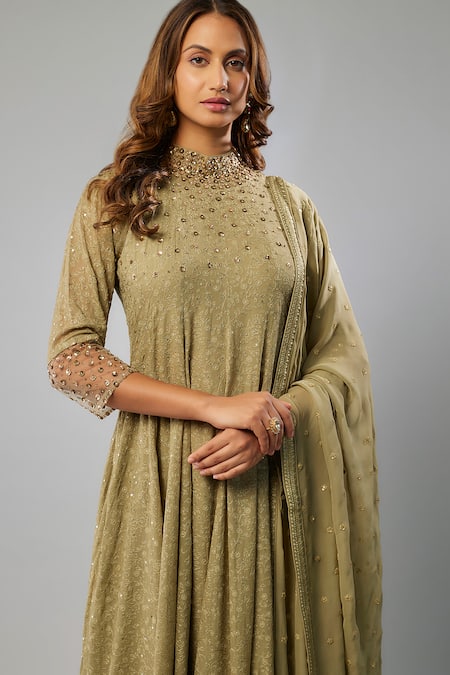 FATIZ_Green Georgette, Lycra Sequins, Beads High Embroidered Anarkali Churidar Set _Online_at_Aza_Fashions