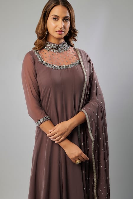 FATIZ_Purple Georgette, Lycra Sequins, Beads Glass Embroidered Anarkali Churidar Set _Online_at_Aza_Fashions