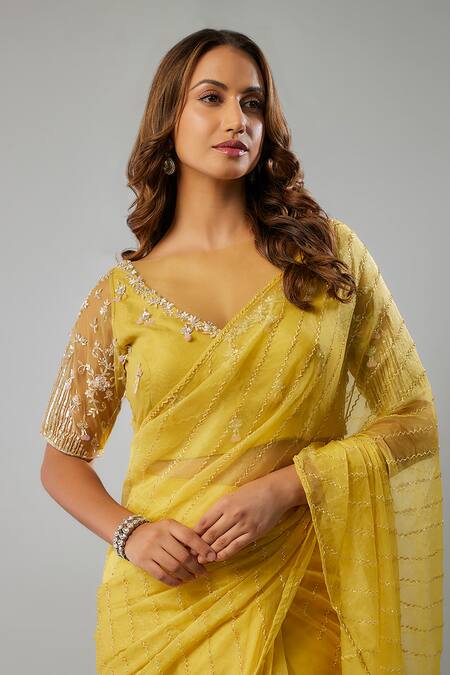FATIZ Yellow Tulle, Organza Beads V-neck Embroidered Pre-draped Saree With Blouse Online at Aza Fashions FATIZ_Yellow Tulle, Organza Beads V-neck Embroidered Pre-draped Saree With Blouse _Online_at_Aza_Fashions