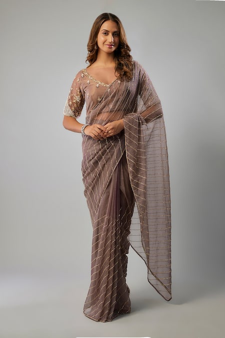 FATIZ Embroidered Pre-Draped Saree With Blouse 