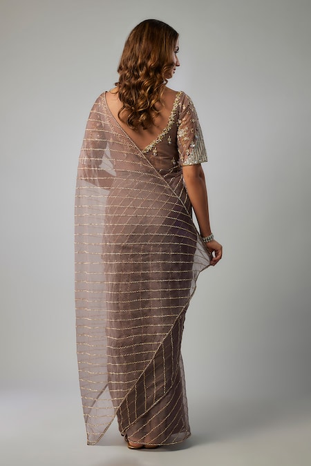 Shop FATIZ Purple Tulle, Organza, Net Beads, Cut Embroidered Pre-draped Saree With Blouse at Aza Fashions Shop_FATIZ_Purple Tulle, Organza, Net Beads, Cut Embroidered Pre-draped Saree With Blouse _at_Aza_Fashions