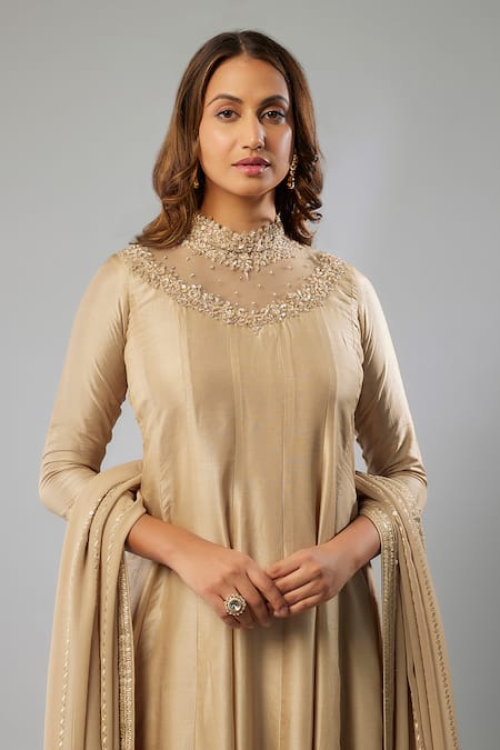 Buy_FATIZ_Gold Georgette, Lycra, Silk Sequins, Cut Work Embroidered Anarkali Churidar Set _Online_at_Aza_Fashions
