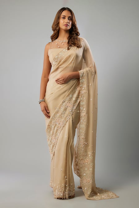 FATIZ Gold Silk Organza Embroidered Pearl Round Crystal Saree With Blouse 