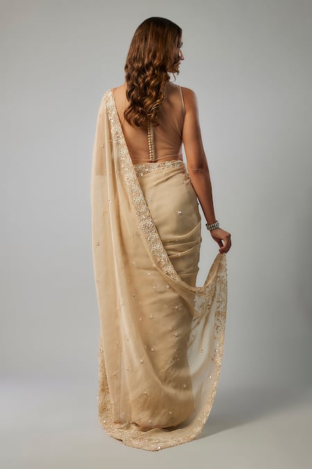 Shop FATIZ Gold Silk Organza, Tulle Embroidery, Pearls, Crystals, Beads Saree With Blouse at Aza Fashions Shop_FATIZ_Gold Silk Organza, Tulle Embroidery, Pearls, Crystals, Beads Saree With Blouse _at_Aza_Fashions