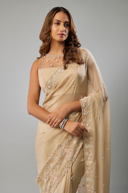 Buy FATIZ Gold Silk Organza, Tulle Embroidery, Pearls, Crystals, Beads Saree With Blouse Online at Aza Fashions Buy_FATIZ_Gold Silk Organza, Tulle Embroidery, Pearls, Crystals, Beads Saree With Blouse _Online_at_Aza_Fashions