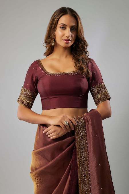Fatiz_Maroon Silk, Georgette Sequins, Beads, Cut Work Embroidered Saree With Blouse _Online_at_Aza_Fashions