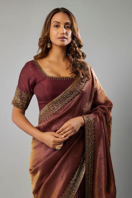 Buy_Fatiz_Maroon Silk, Georgette Sequins, Beads, Cut Work Embroidered Saree With Blouse _Online_at_Aza_Fashions