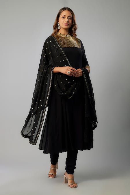 FATIZ Black Georgette Embroidered Cutdana High Round Anarkali Churidar Set 