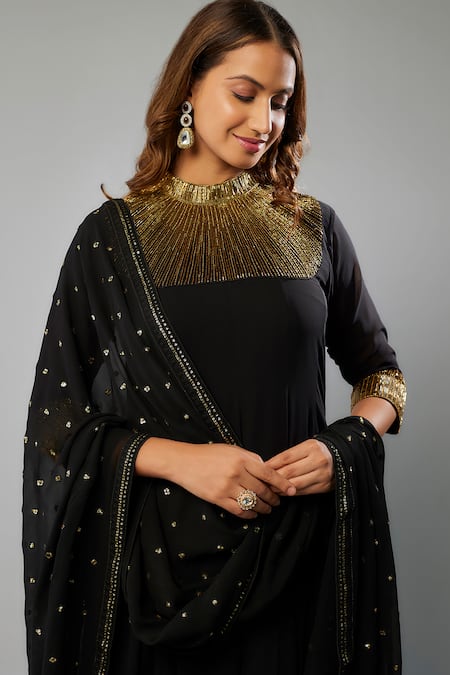 FATIZ_Black Georgette, Lycra Cut Work High Cutdana Embroidered Anarkali Churidar Set _Online_at_Aza_Fashions