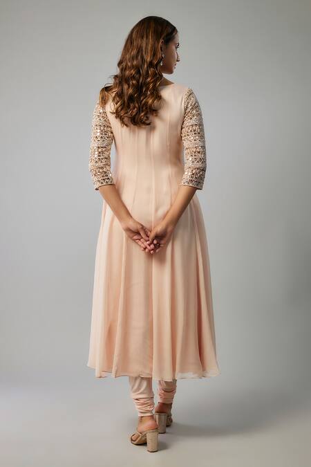 Shop_FATIZ_Pink Georgette, Lycra Cut Work Split Cutdana Embroidered Anarkali Churidar Set_at_Aza_Fashions