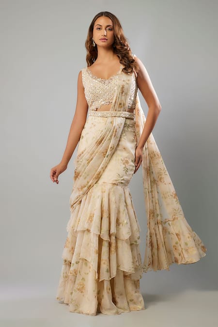 FATIZ Beige Chiffon Embroidered Cutdana V Neck Ruffled Pre-draped Saree With Blouse 