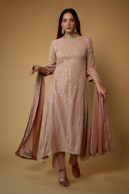 FATIZ Sequin Embroidered A-Line Kurta Pant Set 