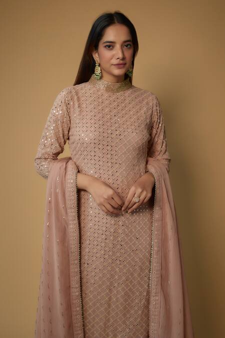 FATIZ Pink Georgette, Cotton, Silk Sequins, Beads Embroidered A-line Kurta Pant Set Online at Aza Fashions FATIZ_Pink Georgette, Cotton, Silk Sequins, Beads Embroidered A-line Kurta Pant Set _Online_at_Aza_Fashions