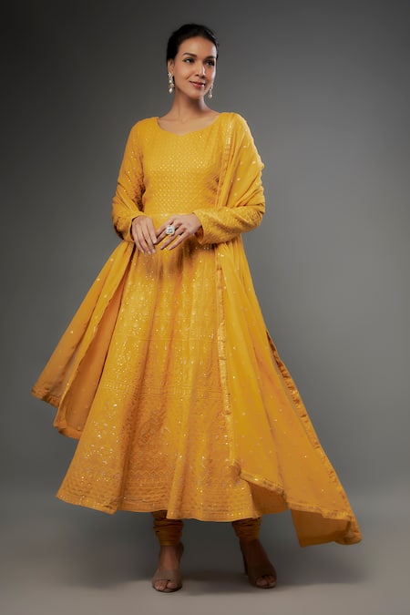 FATIZ Yellow Georgette Hand Embroidered Sequin Leaf Floral Anarkali Set 