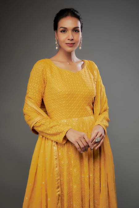 FATIZ Yellow Georgette, Lycra Sequins Asymmetric Floral Embroidered Anarkali Set Online at Aza Fashions FATIZ_Yellow Georgette, Lycra Sequins Asymmetric Floral Embroidered Anarkali Set _Online_at_Aza_Fashions