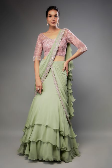 FATIZ Ruffle Embroidered Pre-Draped Saree With Blouse 