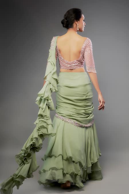 Fatiz Ruffle Embroidered Pre-Draped Saree With Blouse 