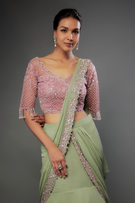 FATIZ_Green Georgette, Tulle Beads, Embroidery, Ruffle Pre-draped Saree With Blouse _Online_at_Aza_Fashions