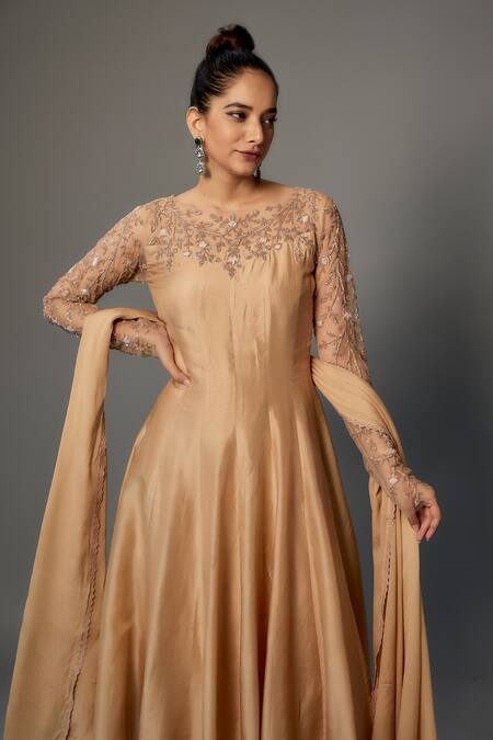 FATIZ_Gold Chiffon, Lycra, Silk Sequins, Beads Boat Neck Embroidered Anarkali Set _Online_at_Aza_Fashions