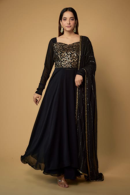 FATIZ Black Georgette Hand Embroidered Sequin Sweetheart Anarkali Set 