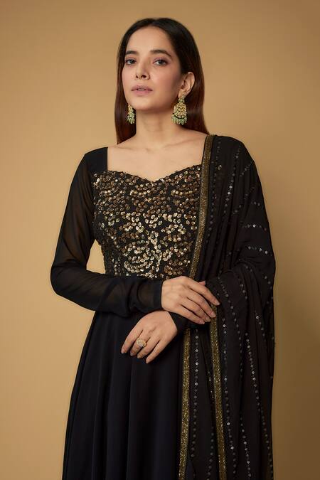 FATIZ_Black Georgette, Lycra Sequins Sweetheart Neck Embroidered Anarkali Set _Online_at_Aza_Fashions