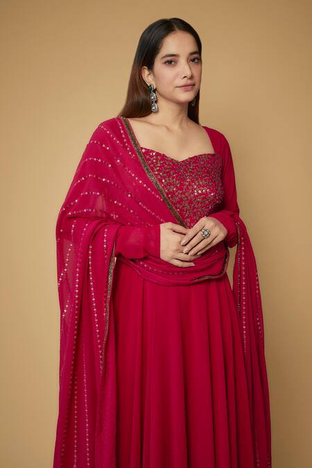 FATIZ Pink Georgette, Lycra Sequins Sweetheart Neck And Thread Embroidered Anarkali Set Online at Aza Fashions FATIZ_Pink Georgette, Lycra Sequins Sweetheart Neck And Thread Embroidered Anarkali Set _Online_at_Aza_Fashions