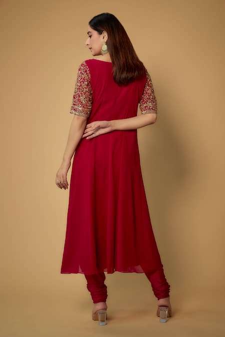 FATIZ Floral Sequin Embroidered Kurta Churidar Set 