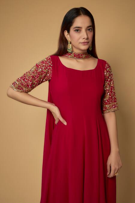 FATIZ_Pink Georgette, Lycra Sequins, Embroidery Square Floral Kurta Churidar Set _Online_at_Aza_Fashions