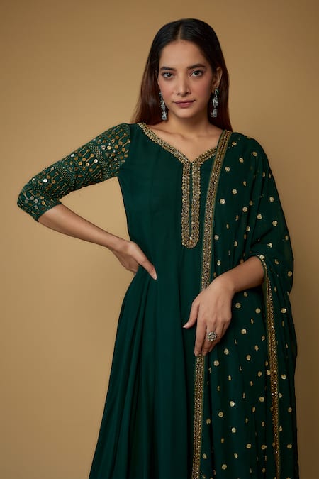 FATIZ_Green Georgette, Lycra Sequins, Cutbeads Embroidered Panelled Kurta Churidar Set _Online_at_Aza_Fashions