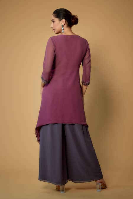 Shop FATIZ Purple Georgette, Organza Crystals, Beads Round Embroidered Kurta Palazzo Set at Aza Fashions Shop_FATIZ_Purple Georgette, Organza Crystals, Beads Round Embroidered Kurta Palazzo Set _at_Aza_Fashions