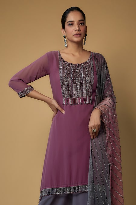 Buy FATIZ Purple Georgette, Organza Crystals, Beads Round Embroidered Kurta Palazzo Set Online at Aza Fashions Buy_FATIZ_Purple Georgette, Organza Crystals, Beads Round Embroidered Kurta Palazzo Set _Online_at_Aza_Fashions