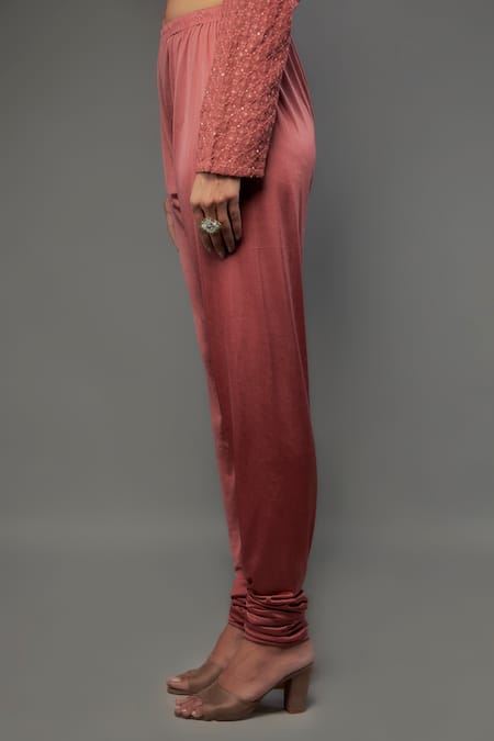 FATIZ_Pink Georgette, Lycra Sequins, Embroidery Asymmetric Chikankari Anarkali Set _Online_at_Aza_Fashions