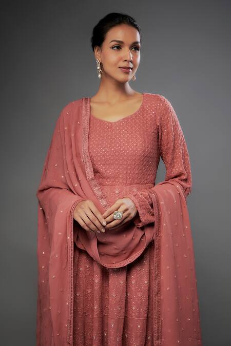 Buy_FATIZ_Pink Georgette, Lycra Sequins, Embroidery Asymmetric Chikankari Anarkali Set _Online_at_Aza_Fashions