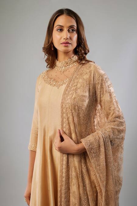 FATIZ_Gold Tulle, Georgette, Lycra Cut Glass Embroidered Panelled Kurta Pant Set _Online_at_Aza_Fashions