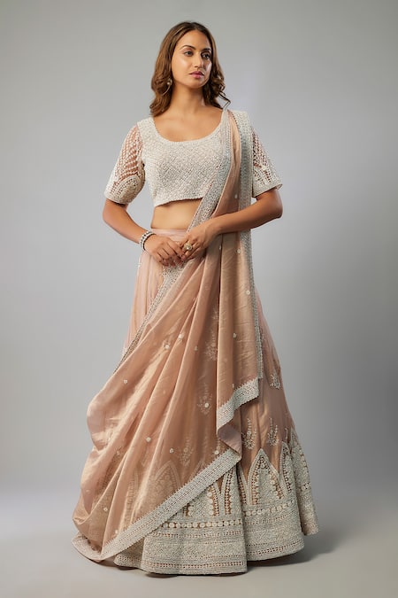 FATIZ_Pink Tissue, Organza, Tulle Sequins, Beads Round Floral Embroidered Lehenga Set _Online_at_Aza_Fashions