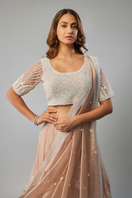 Buy_FATIZ_Pink Tissue, Organza, Tulle Sequins, Beads Round Floral Embroidered Lehenga Set _Online_at_Aza_Fashions