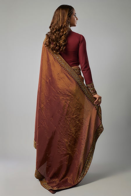 FATIZ Hand Embroidered Maroon Saree With Blouse 