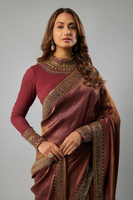 FATIZ Maroon Georgette, Tissue Beads, Sequins, Embroidery Hand Saree With Blouse Online at Aza Fashions FATIZ_Maroon Georgette, Tissue Beads, Sequins, Embroidery Hand Saree With Blouse _Online_at_Aza_Fashions