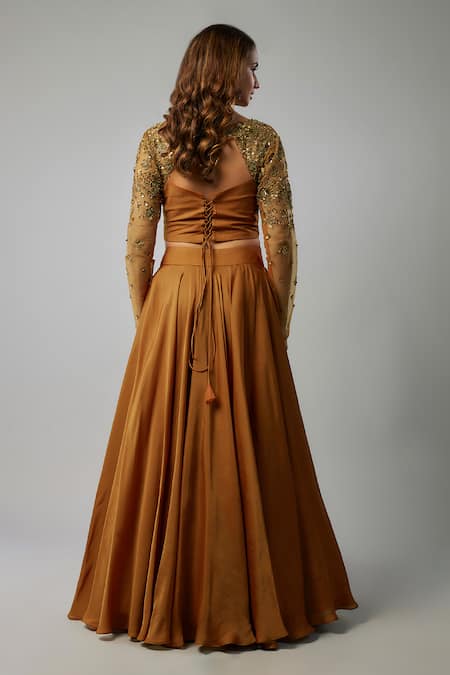 Shop FATIZ Orange Silk Organza, Tulle Beads, Sequins Asymmetric Lehenga Set at Aza Fashions Shop_FATIZ_Orange Silk Organza, Tulle Beads, Sequins Asymmetric Lehenga Set _at_Aza_Fashions