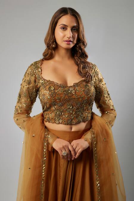 Buy FATIZ Orange Silk Organza, Tulle Beads, Sequins Asymmetric Lehenga Set Online at Aza Fashions Buy_FATIZ_Orange Silk Organza, Tulle Beads, Sequins Asymmetric Lehenga Set _Online_at_Aza_Fashions