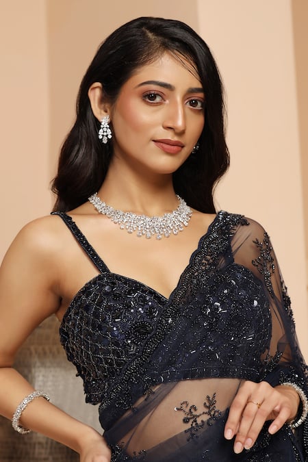 Meenagurnam_Blue Net, Linen Sequins, Cut Work, Embroidery Sweetheart Neck Saree With Blouse _Online_at_Aza_Fashions