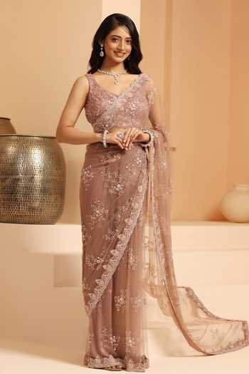 Meenagurnam Rose Gold Net Cut Work, Sequins Flower Vine Embroidered Saree With Blouse Online at Aza Fashions Meenagurnam_Rose Gold Net Cut Work, Sequins Flower Vine Embroidered Saree With Blouse _Online_at_Aza_Fashions