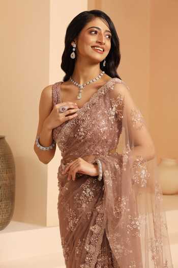 Shop Meenagurnam Rose Gold Net Cut Work, Sequins Flower Vine Embroidered Saree With Blouse Online at Aza Fashions Shop_Meenagurnam_Rose Gold Net Cut Work, Sequins Flower Vine Embroidered Saree With Blouse _Online_at_Aza_Fashions
