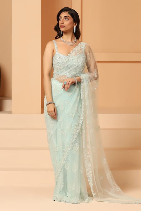 MeenaGurnam Blue Net Embroidery Floral Scoop Neck Vine Saree With Blouse 