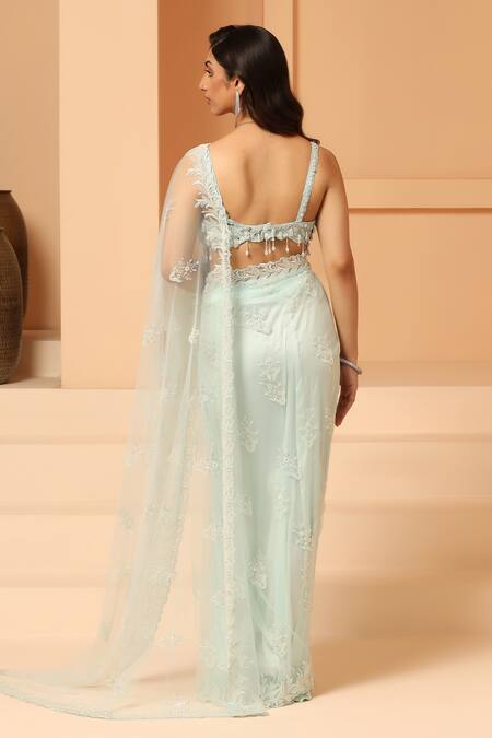 Shop Meenagurnam Blue Net Sequins, Pearls, Cut Work Floral Vine Embroidered Saree With Blouse at Aza Fashions Shop_Meenagurnam_Blue Net Sequins, Pearls, Cut Work Floral Vine Embroidered Saree With Blouse_at_Aza_Fashions