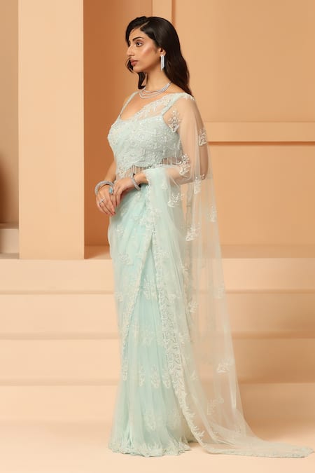 Meenagurnam Blue Net Sequins, Pearls, Cut Work Floral Vine Embroidered Saree With Blouse Online at Aza Fashions Meenagurnam_Blue Net Sequins, Pearls, Cut Work Floral Vine Embroidered Saree With Blouse_Online_at_Aza_Fashions